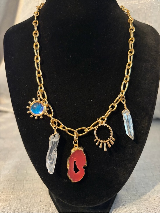 J. Crew Jewelry - J Crew Gold-Tone Charm Necklace with Red Agate and Blue Crystal Charms